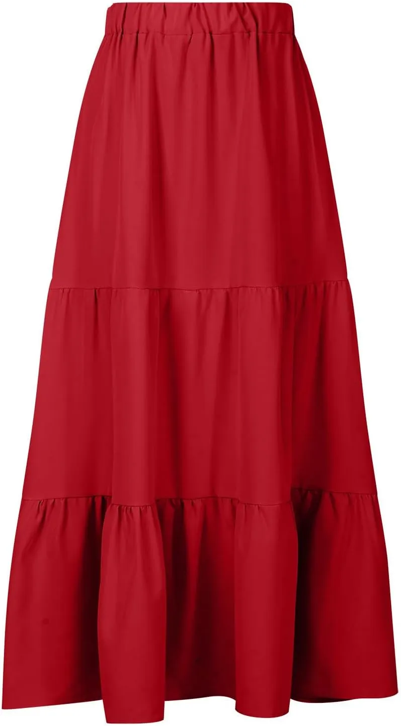 Maxi Skirt for Women High Waist Pleated A-Line Skirts Flowy Ruffle Tiered Long Swing Boho Beach Skirt with Pockets