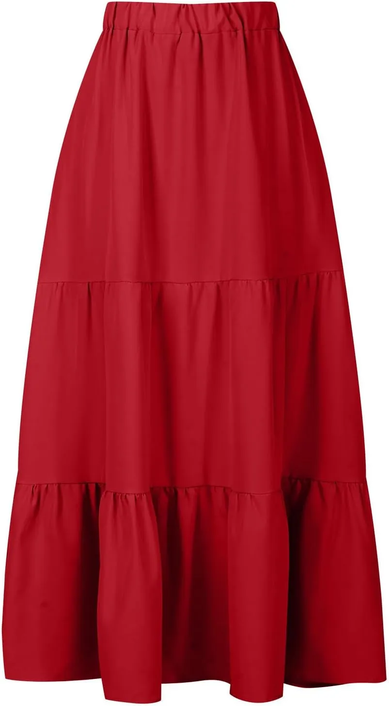 Maxi Skirt for Women High Waist Pleated A-Line Skirts Flowy Ruffle Tiered Long Swing Boho Beach Skirt with Pockets