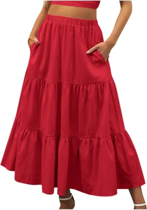 Maxi Skirt for Women High Waist Pleated A-Line Skirts Flowy Ruffle Tiered Long Swing Boho Beach Skirt with Pockets