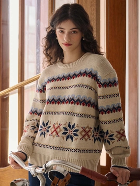 Brushed Interior Melanie Ribbed Crew Neck Fair Isle Geometric Sweater