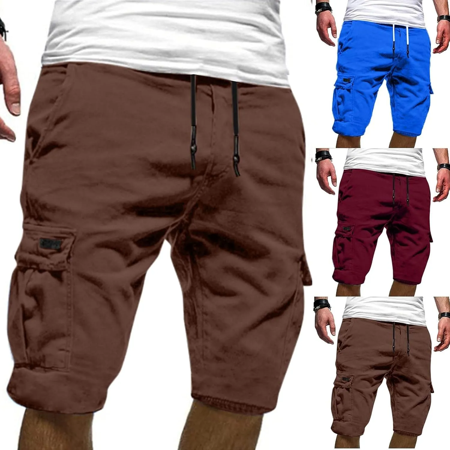 Men Cargo Shorts Elastic Waist Drawstring Athletic Shorts Casual Lightweight Summer Shorts Loose Fit Hiking Shorts
