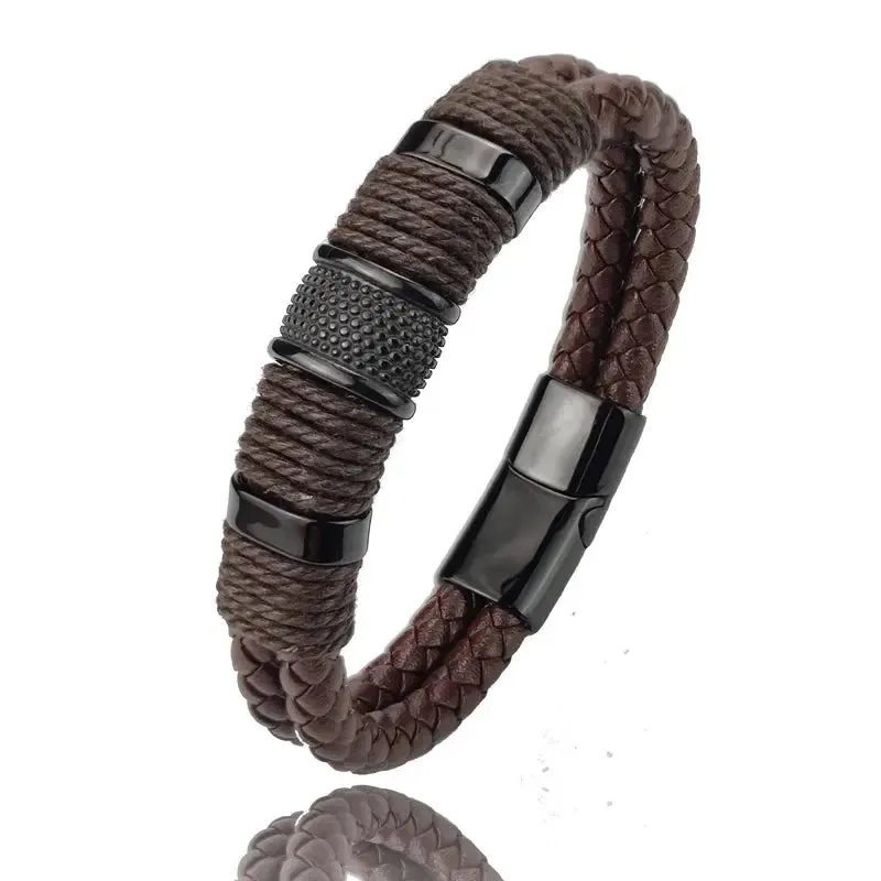 Men Minimalist Leather Bracelet -  Cross & Crown