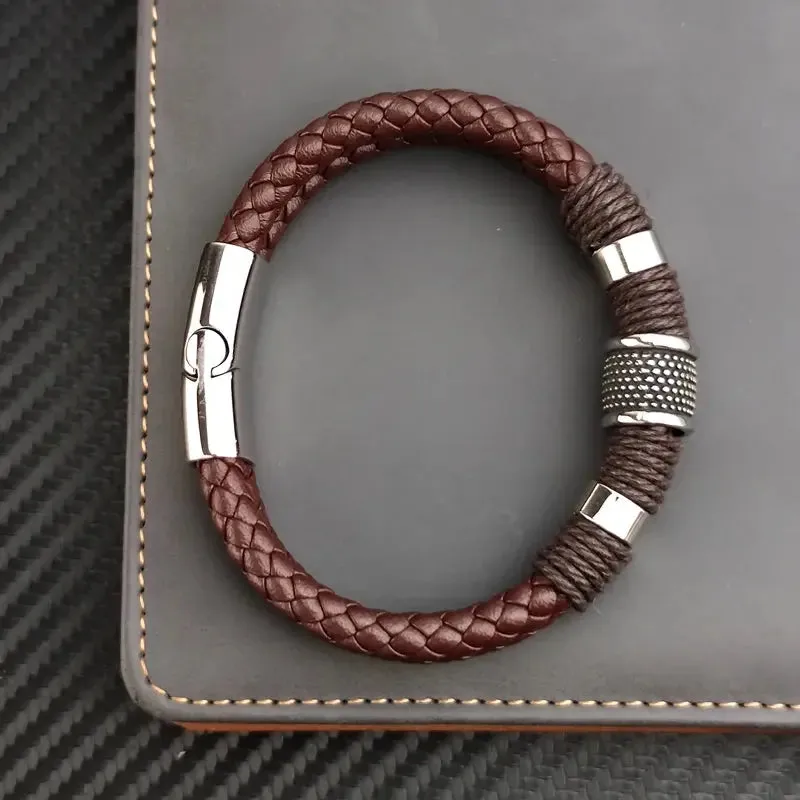 Men Minimalist Leather Bracelet -  Cross & Crown