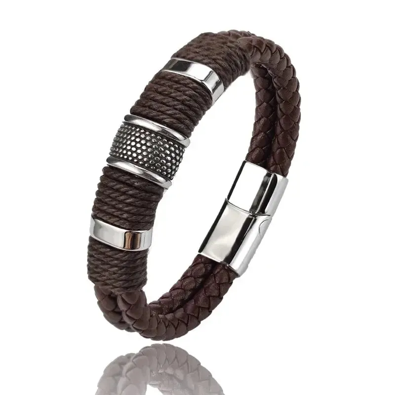Men Minimalist Leather Bracelet -  Cross & Crown