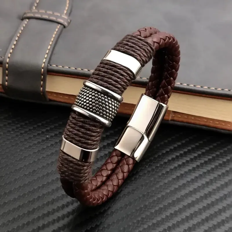 Men Minimalist Leather Bracelet -  Cross & Crown
