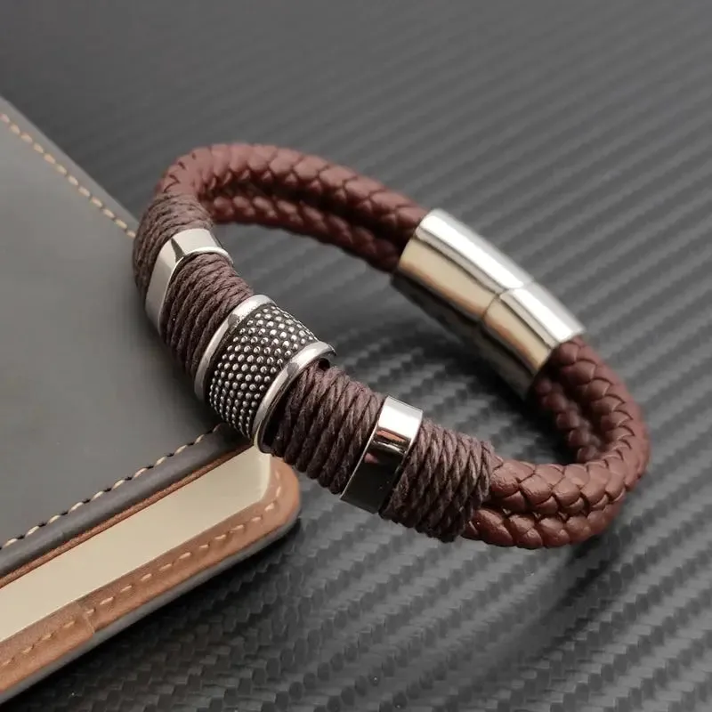 Men Minimalist Leather Bracelet -  Cross & Crown
