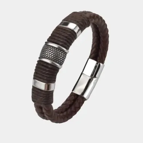 Men Minimalist Leather Bracelet -  Cross & Crown