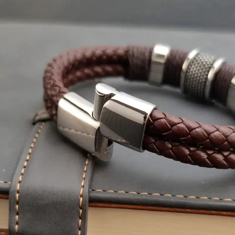 Men Minimalist Leather Bracelet -  Cross & Crown