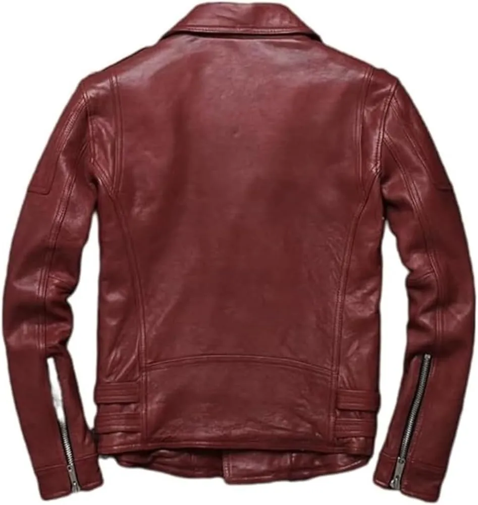 Men's Asymmetric Real Sheepskin Biker Leather Jacket Retro Belted Zip Up Motorcycle Jacket Moto Riding & Racing Coat