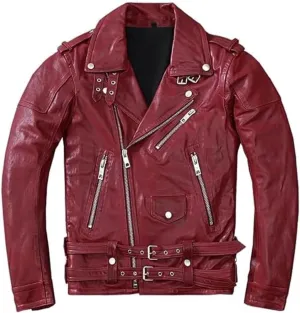 Men's Asymmetric Real Sheepskin Biker Leather Jacket Retro Belted Zip Up Motorcycle Jacket Moto Riding & Racing Coat