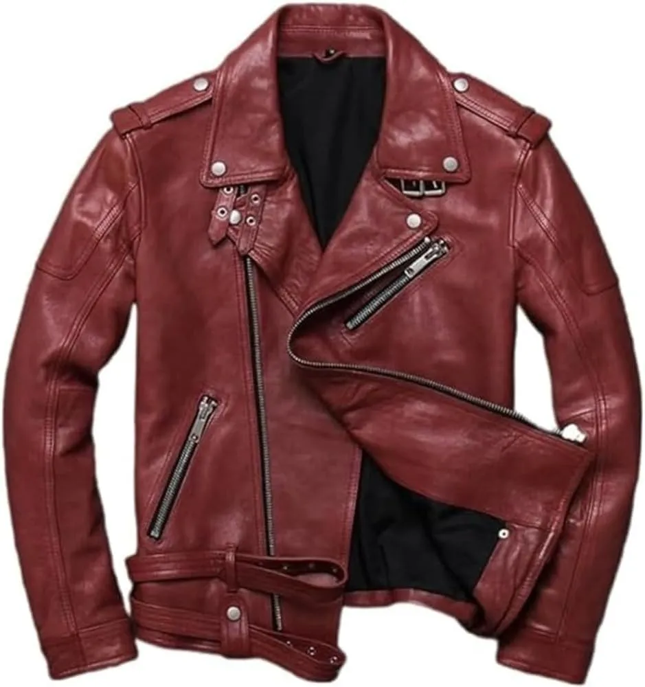 Men's Asymmetric Real Sheepskin Biker Leather Jacket Retro Belted Zip Up Motorcycle Jacket Moto Riding & Racing Coat