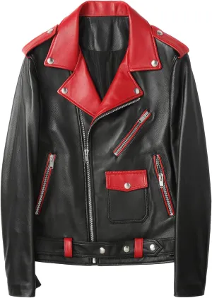 Mens Black Biker Genuine Sheepskin Red Lapel Collar Crossover Asymmetric Moto Biker Racer Slim Fit Leather Jacket