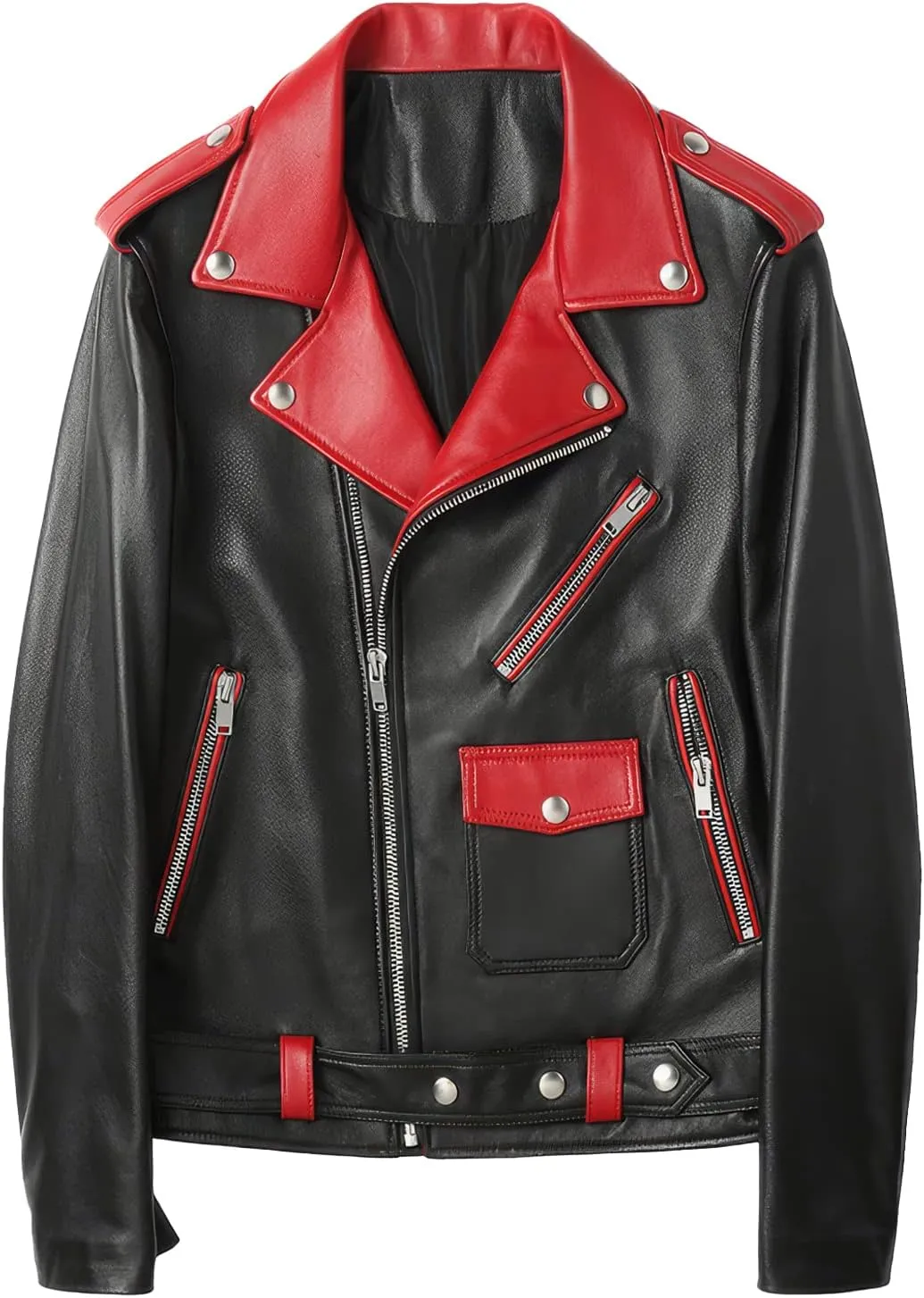 Mens Black Biker Genuine Sheepskin Red Lapel Collar Crossover Asymmetric Moto Biker Racer Slim Fit Leather Jacket