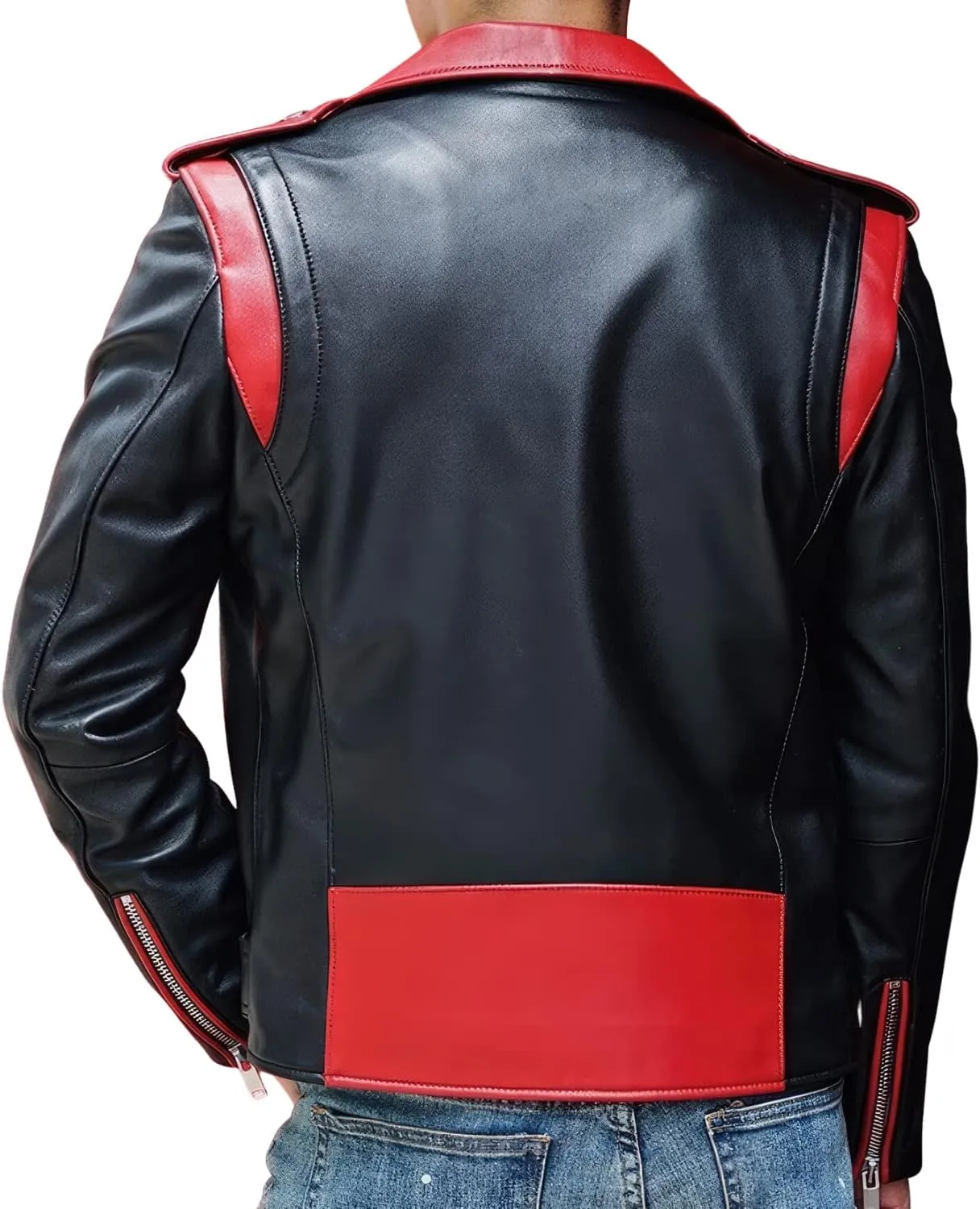 Mens Black Biker Genuine Sheepskin Red Lapel Collar Crossover Asymmetric Moto Biker Racer Slim Fit Leather Jacket