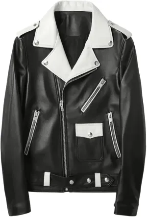 Mens Black Biker Genuine Sheepskin Red/White Lapel Collar Moto Biker Sporty Racer Belted Slim Fit Leather Jacket
