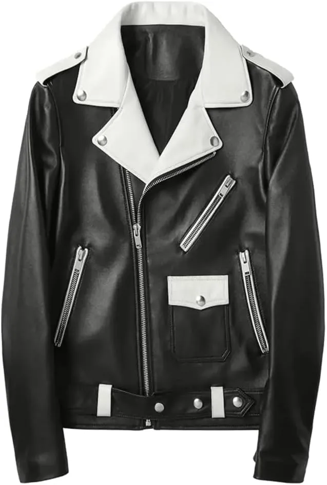 Mens Black Biker Genuine Sheepskin Red/White Lapel Collar Moto Biker Sporty Racer Belted Slim Fit Leather Jacket