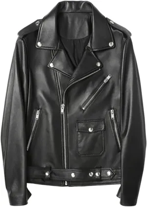 Mens Black Biker Genuine Sheepskin Red/White Lapel Collar Moto Biker Sporty Racer Belted Slim Fit Leather Jacket