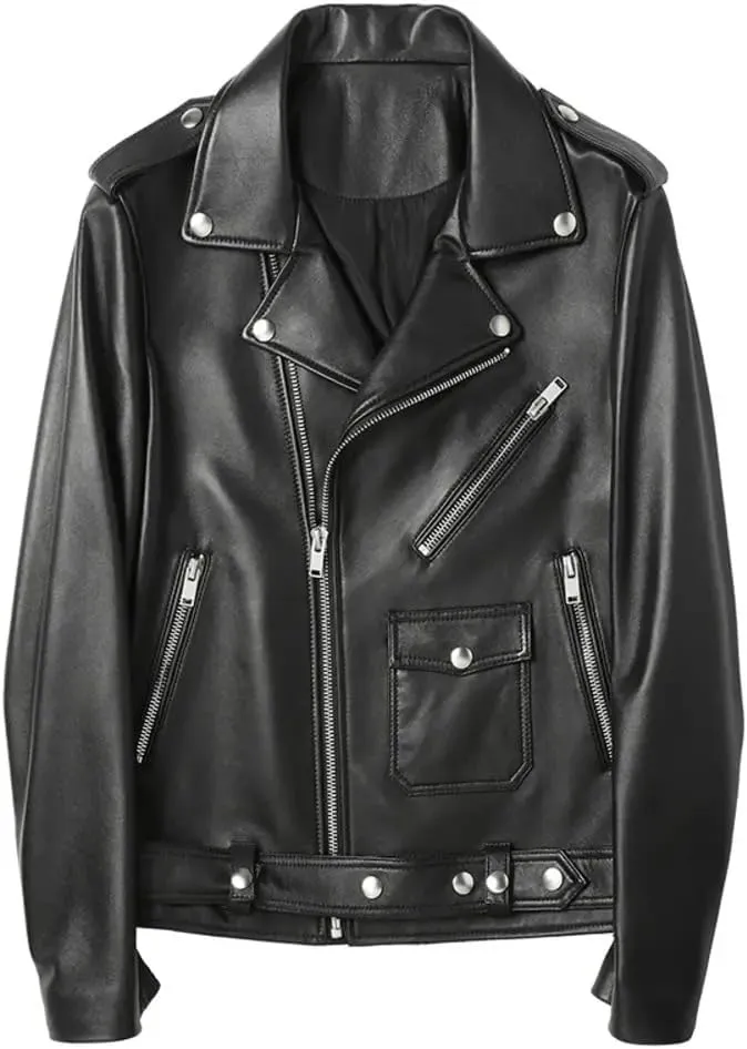 Mens Black Biker Genuine Sheepskin Red/White Lapel Collar Moto Biker Sporty Racer Belted Slim Fit Leather Jacket