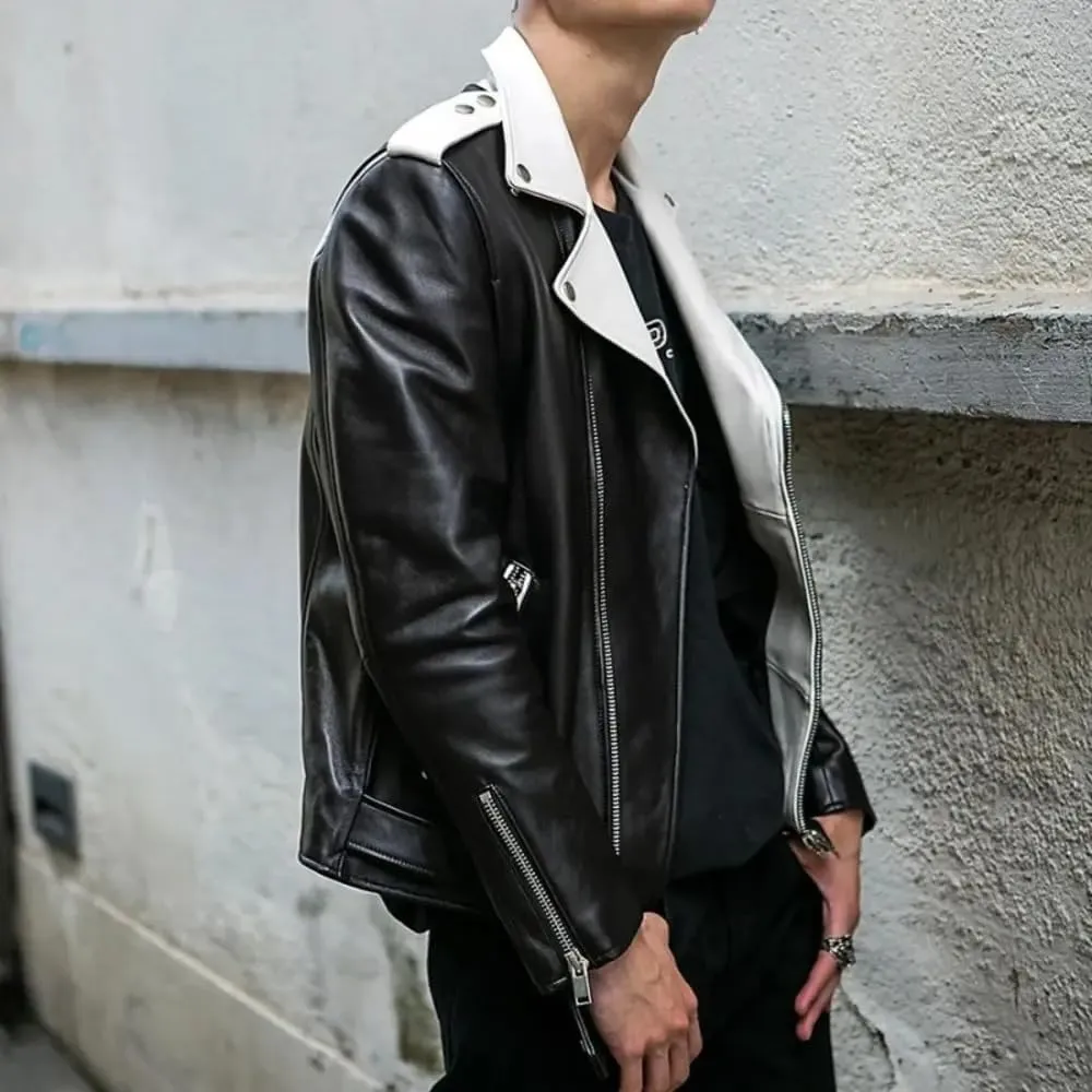 Mens Black Biker Genuine Sheepskin Red/White Lapel Collar Moto Biker Sporty Racer Belted Slim Fit Leather Jacket