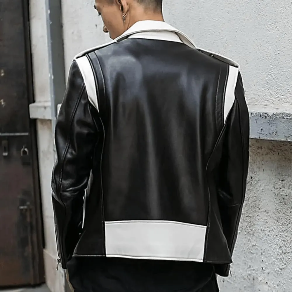 Mens Black Biker Genuine Sheepskin Red/White Lapel Collar Moto Biker Sporty Racer Belted Slim Fit Leather Jacket