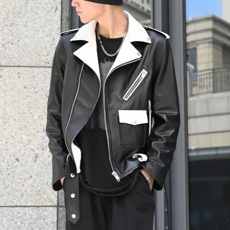 Mens Black Biker Genuine Sheepskin White Lapel Collar Zip-Up Moto Biker Belted Slim Fit Motorcycle Leather Jacket