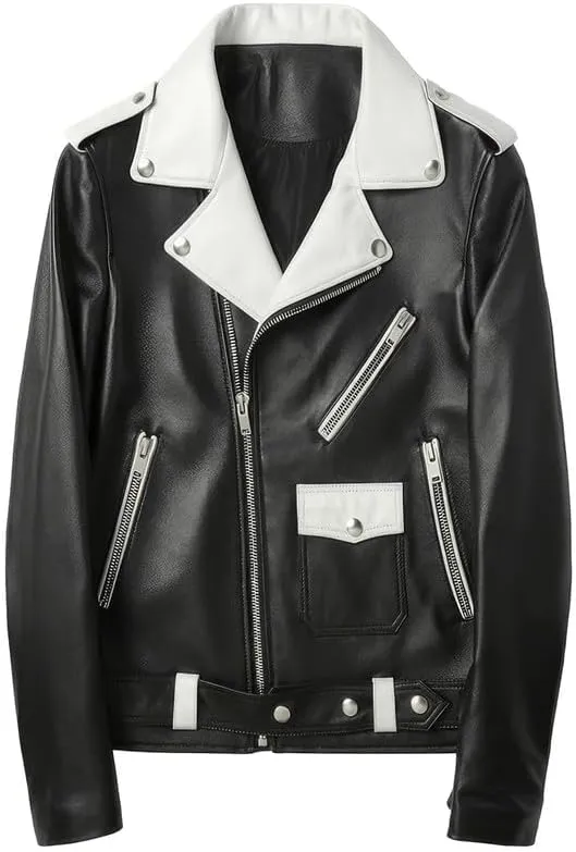 Mens Black Biker Genuine Sheepskin White Lapel Collar Zip-Up Moto Biker Belted Slim Fit Motorcycle Leather Jacket