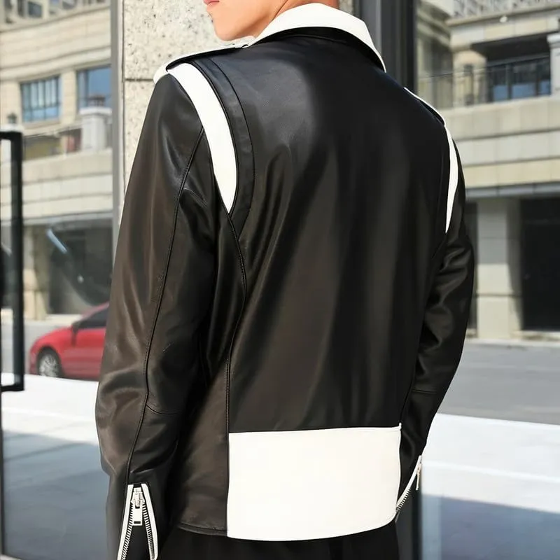Mens Black Biker Genuine Sheepskin White Lapel Collar Zip-Up Moto Biker Belted Slim Fit Motorcycle Leather Jacket