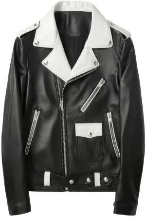 Mens Black Biker Genuine Sheepskin White Lapel Collar Zip-Up Moto Biker Belted Slim Fit Motorcycle Leather Jacket