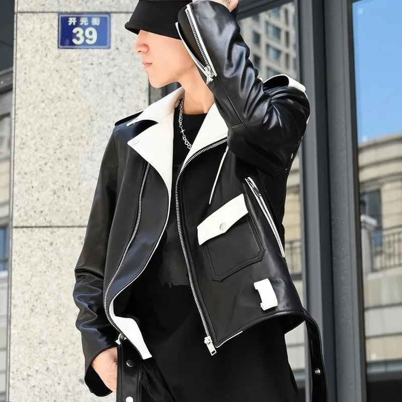 Mens Black Biker Genuine Sheepskin White Lapel Collar Zip-Up Moto Biker Belted Slim Fit Motorcycle Leather Jacket