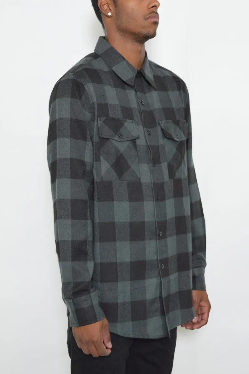 Mens Black Blue Long Sleeve Checkered Flannel