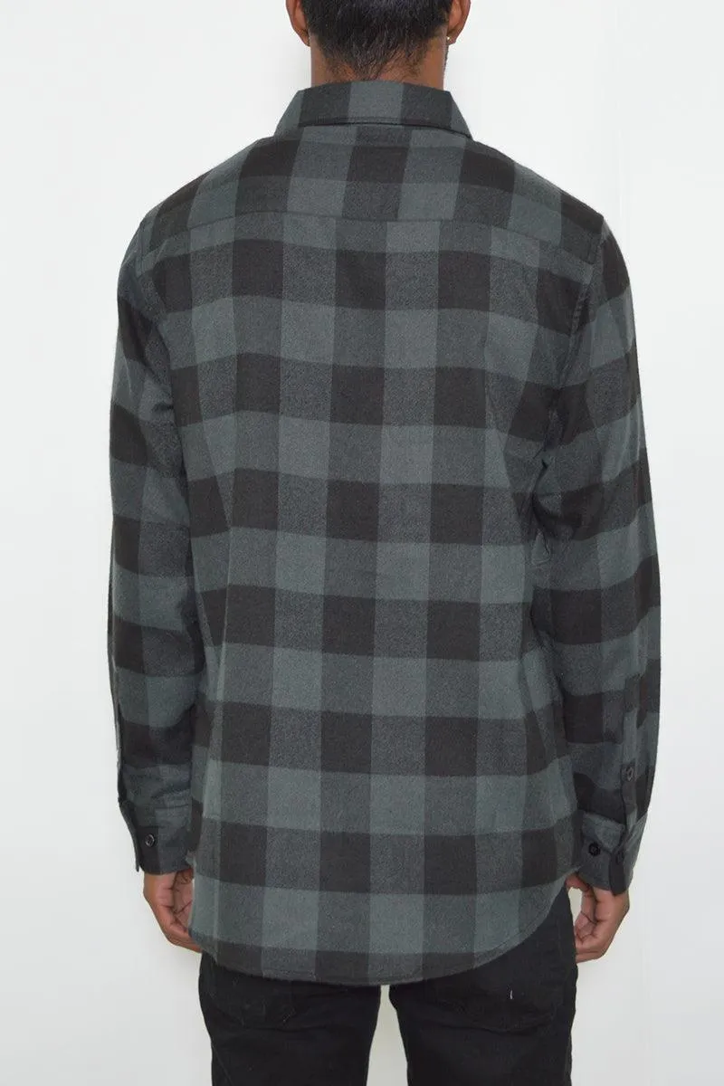 Mens Black Blue Long Sleeve Checkered Flannel