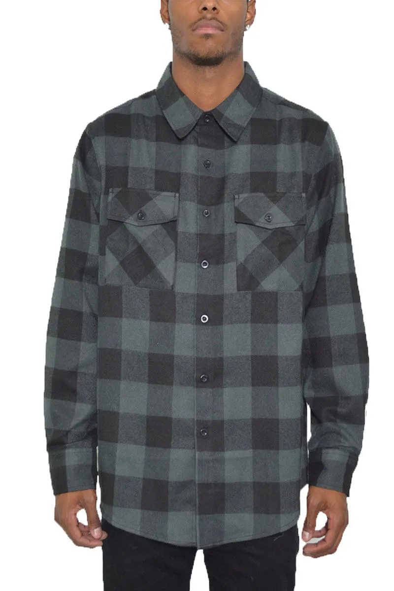 Mens Black Blue Long Sleeve Checkered Flannel