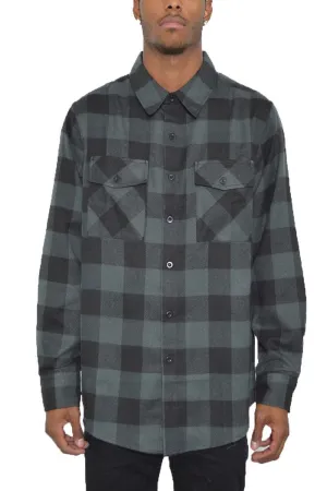 Mens Black Blue Long Sleeve Checkered Flannel