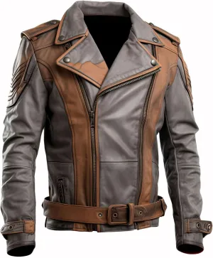 Mens Brown Grey Genuine Sheepskin Lapel Collar Asymmetric Crossover Belted Slim-fit Moto Biker Leather Jacket