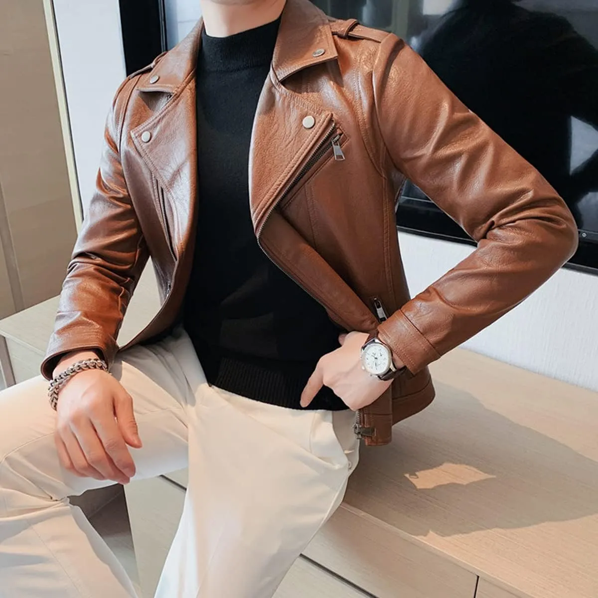 Mens Brown Moto Biker Sheepskin Leather Jacket - Lapel Collar, Asymmetric Zipper, Rider Motorcycle Fashion Outerwear