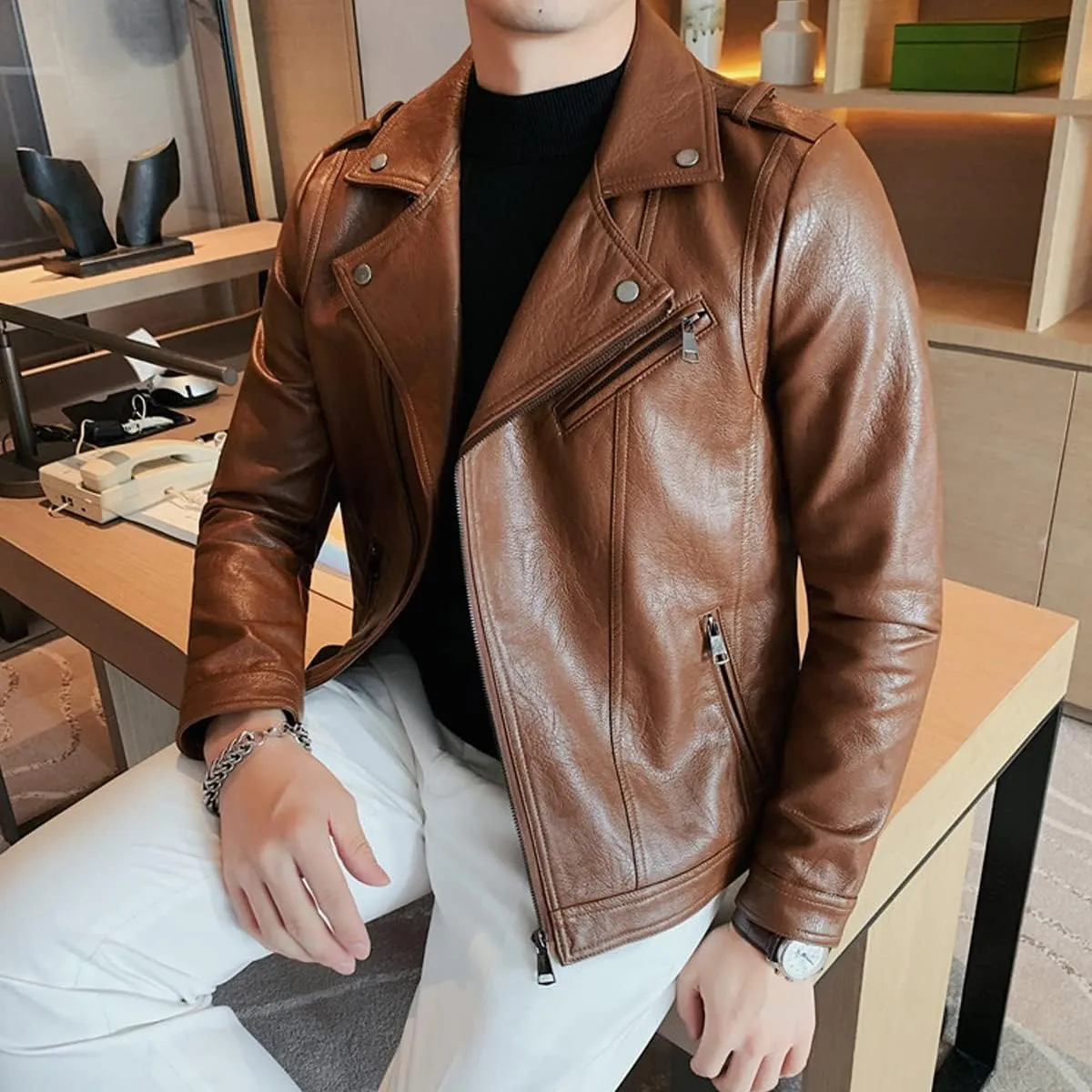 Mens Brown Moto Biker Sheepskin Leather Jacket - Lapel Collar, Asymmetric Zipper, Rider Motorcycle Fashion Outerwear