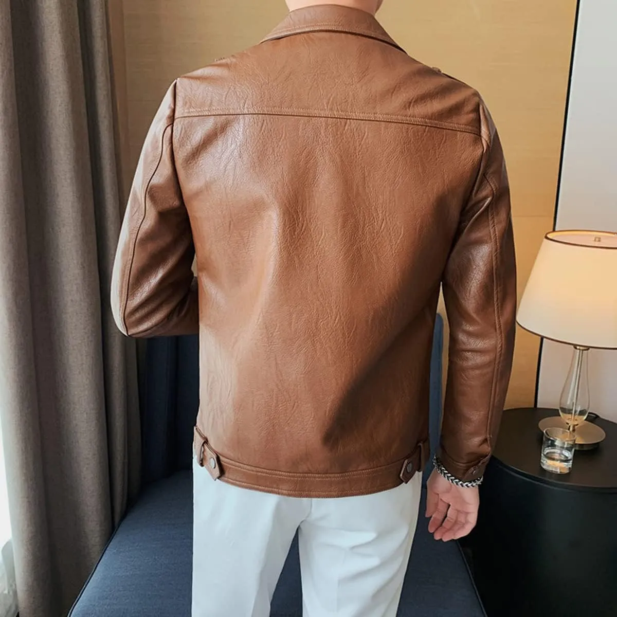 Mens Brown Moto Biker Sheepskin Leather Jacket - Lapel Collar, Asymmetric Zipper, Rider Motorcycle Fashion Outerwear