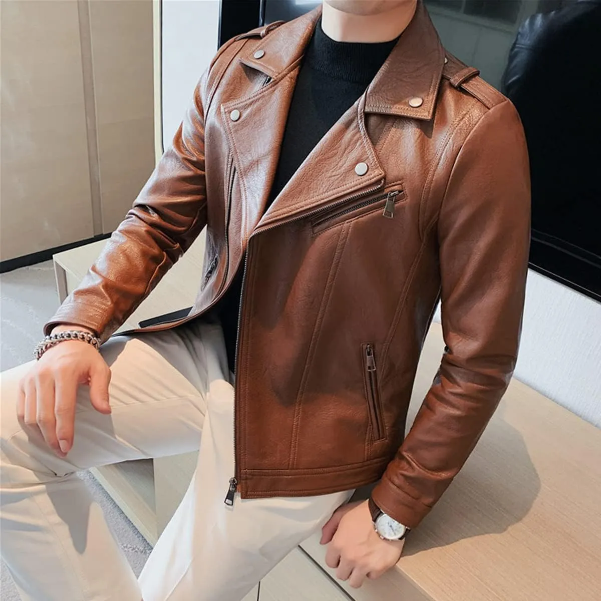 Mens Brown Moto Biker Sheepskin Leather Jacket - Lapel Collar, Asymmetric Zipper, Rider Motorcycle Fashion Outerwear