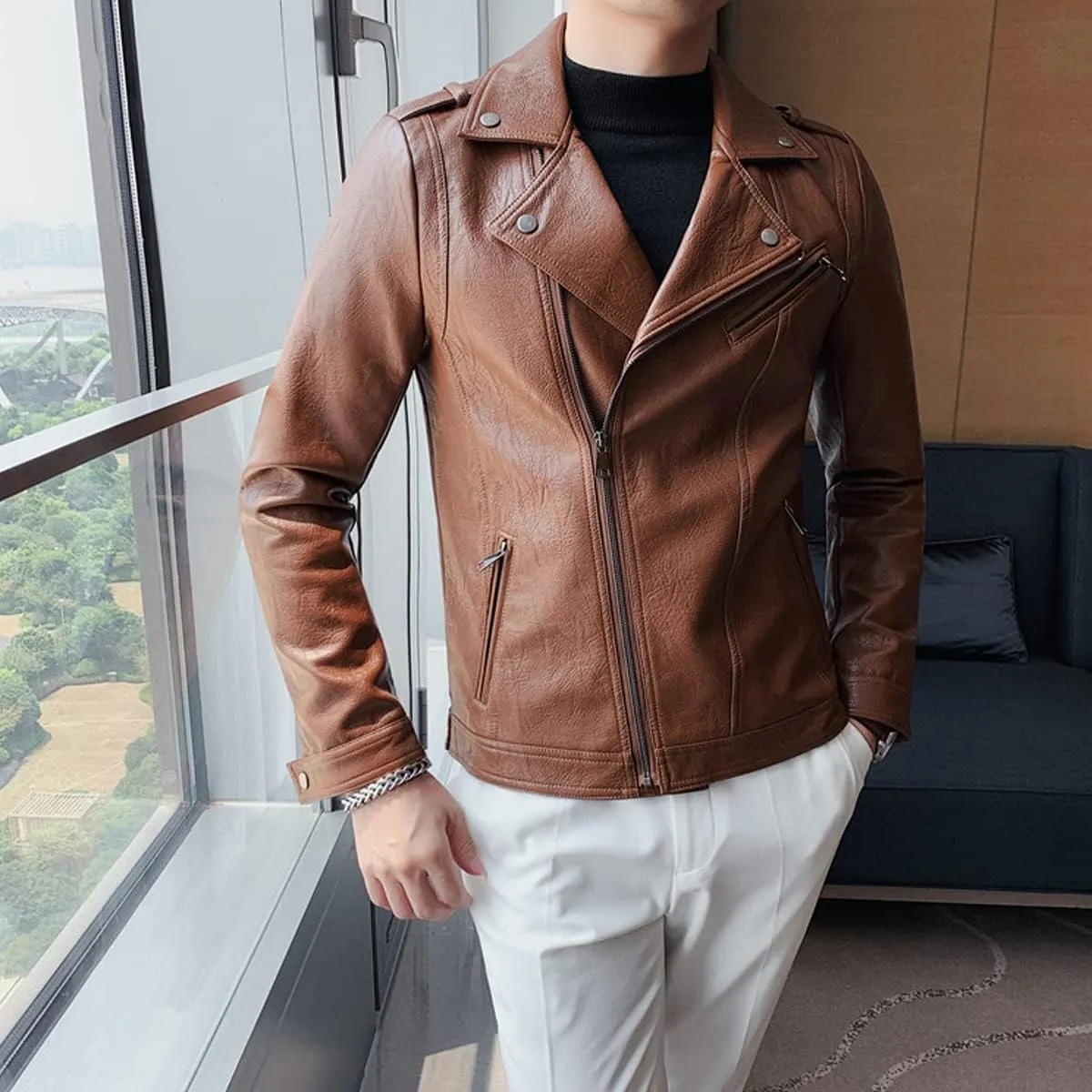 Mens Brown Moto Biker Sheepskin Leather Jacket - Lapel Collar, Asymmetric Zipper, Rider Motorcycle Fashion Outerwear
