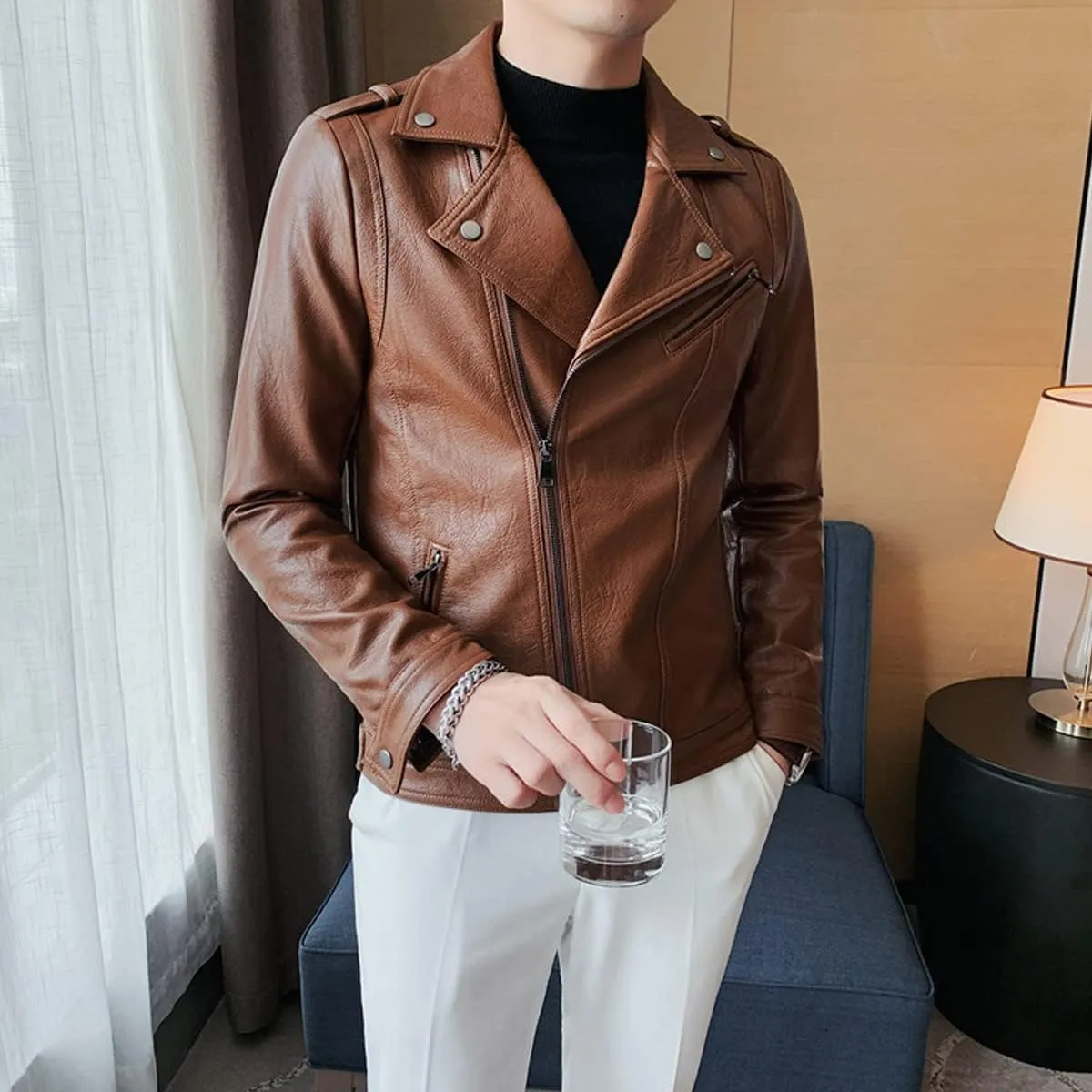 Mens Brown Moto Biker Sheepskin Leather Jacket - Lapel Collar, Asymmetric Zipper, Rider Motorcycle Fashion Outerwear