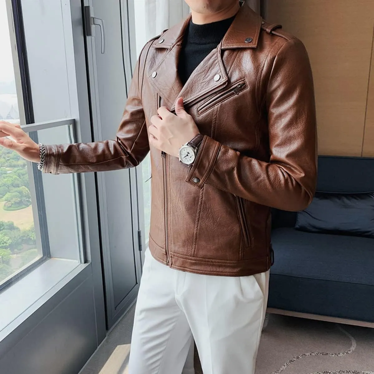 Mens Brown Moto Biker Sheepskin Leather Jacket - Lapel Collar, Asymmetric Zipper, Rider Motorcycle Fashion Outerwear