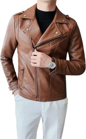 Mens Brown Moto Biker Sheepskin Leather Jacket - Lapel Collar, Asymmetric Zipper, Rider Motorcycle Fashion Outerwear
