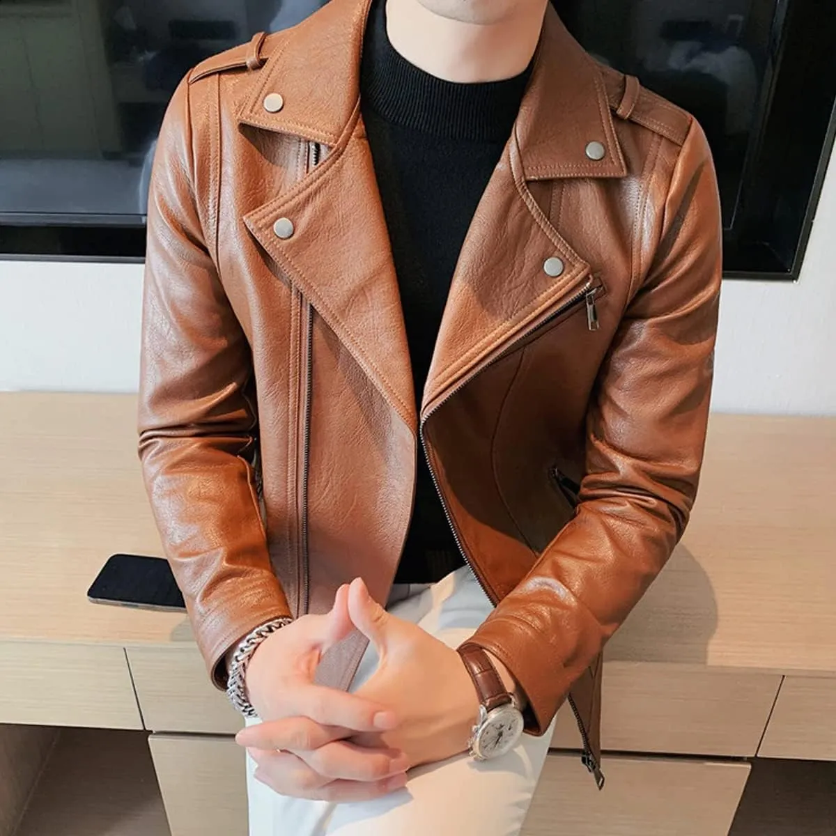Mens Brown Moto Biker Sheepskin Leather Jacket - Lapel Collar, Asymmetric Zipper, Rider Motorcycle Fashion Outerwear