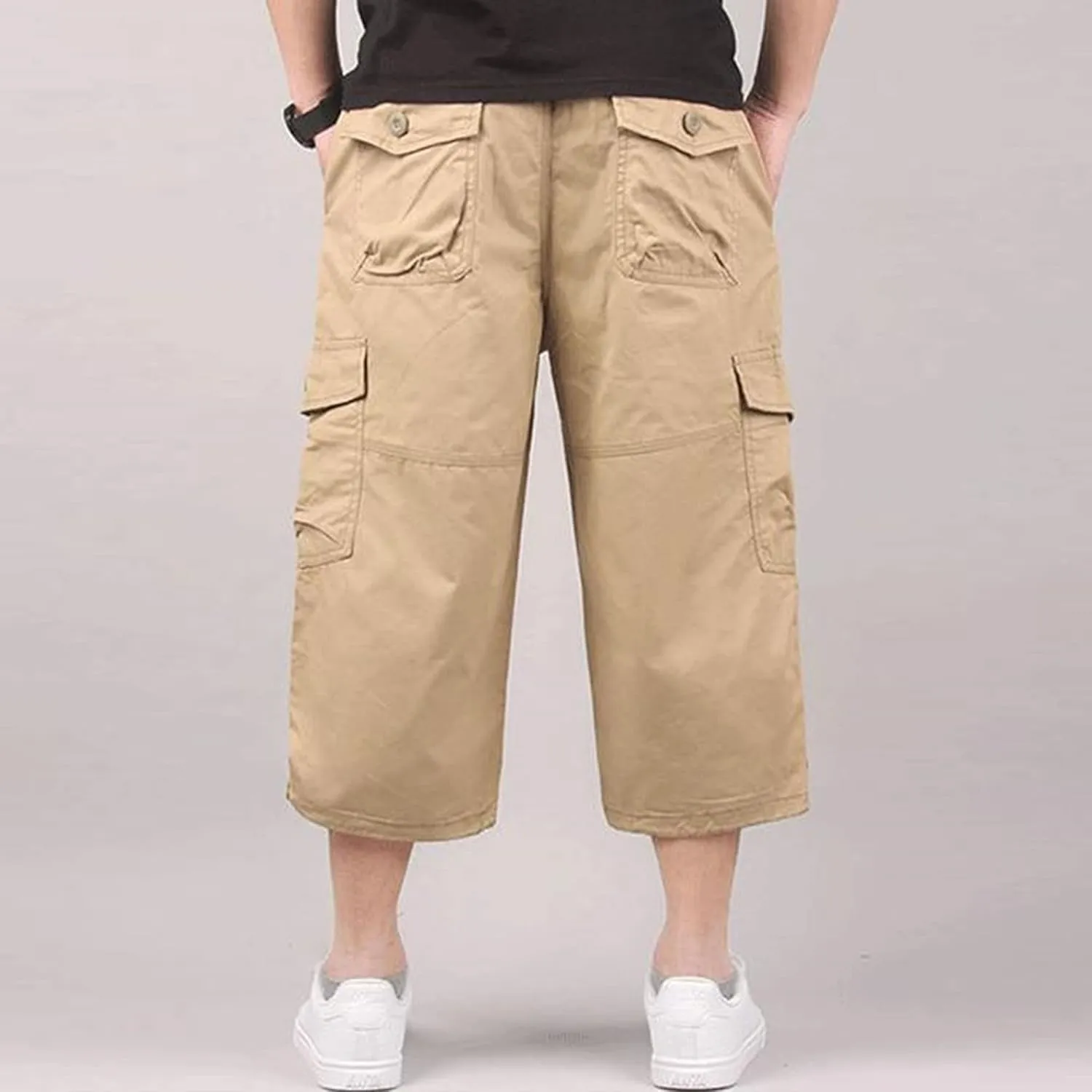 Men's Capri Long Elastic Cargo Shorts Relaxed Fit Below Knee Pants Relaxed Fit Work Pants Big and Tall