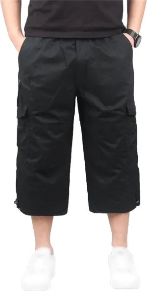 Men's Capri Long Elastic Cargo Shorts Relaxed Fit Below Knee Pants Relaxed Fit Work Pants Big and Tall