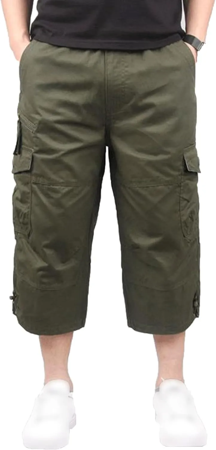 Men's Capri Long Elastic Cargo Shorts Relaxed Fit Below Knee Pants Relaxed Fit Work Pants Big and Tall