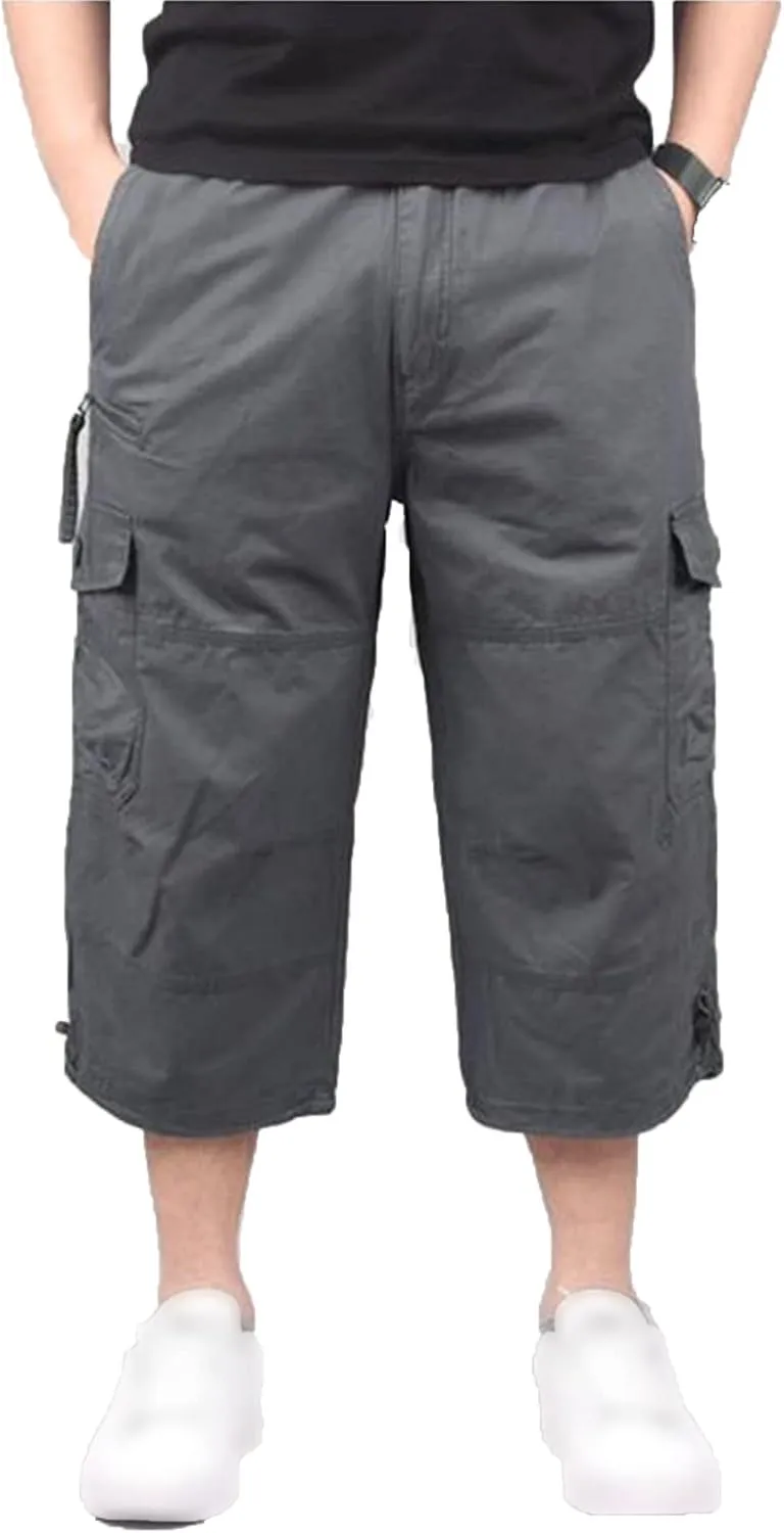 Men's Capri Long Elastic Cargo Shorts Relaxed Fit Below Knee Pants Relaxed Fit Work Pants Big and Tall