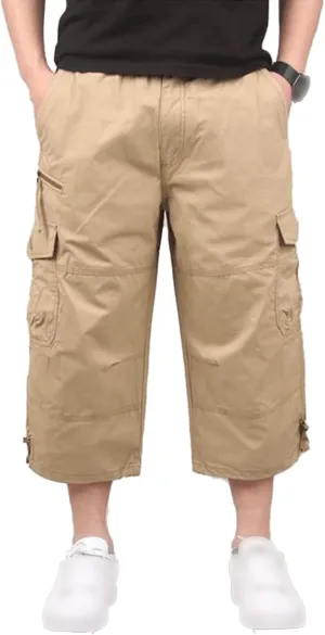 Men's Capri Long Elastic Cargo Shorts Relaxed Fit Below Knee Pants Relaxed Fit Work Pants Big and Tall