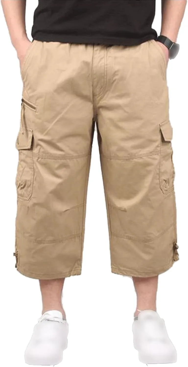 Men's Capri Long Elastic Cargo Shorts Relaxed Fit Below Knee Pants Relaxed Fit Work Pants Big and Tall