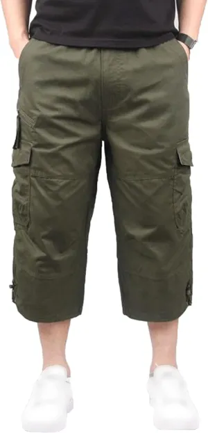 Men's Capri Long Elastic Cargo Shorts Relaxed Fit Below Knee Pants Relaxed Fit Work Pants Big and Tall